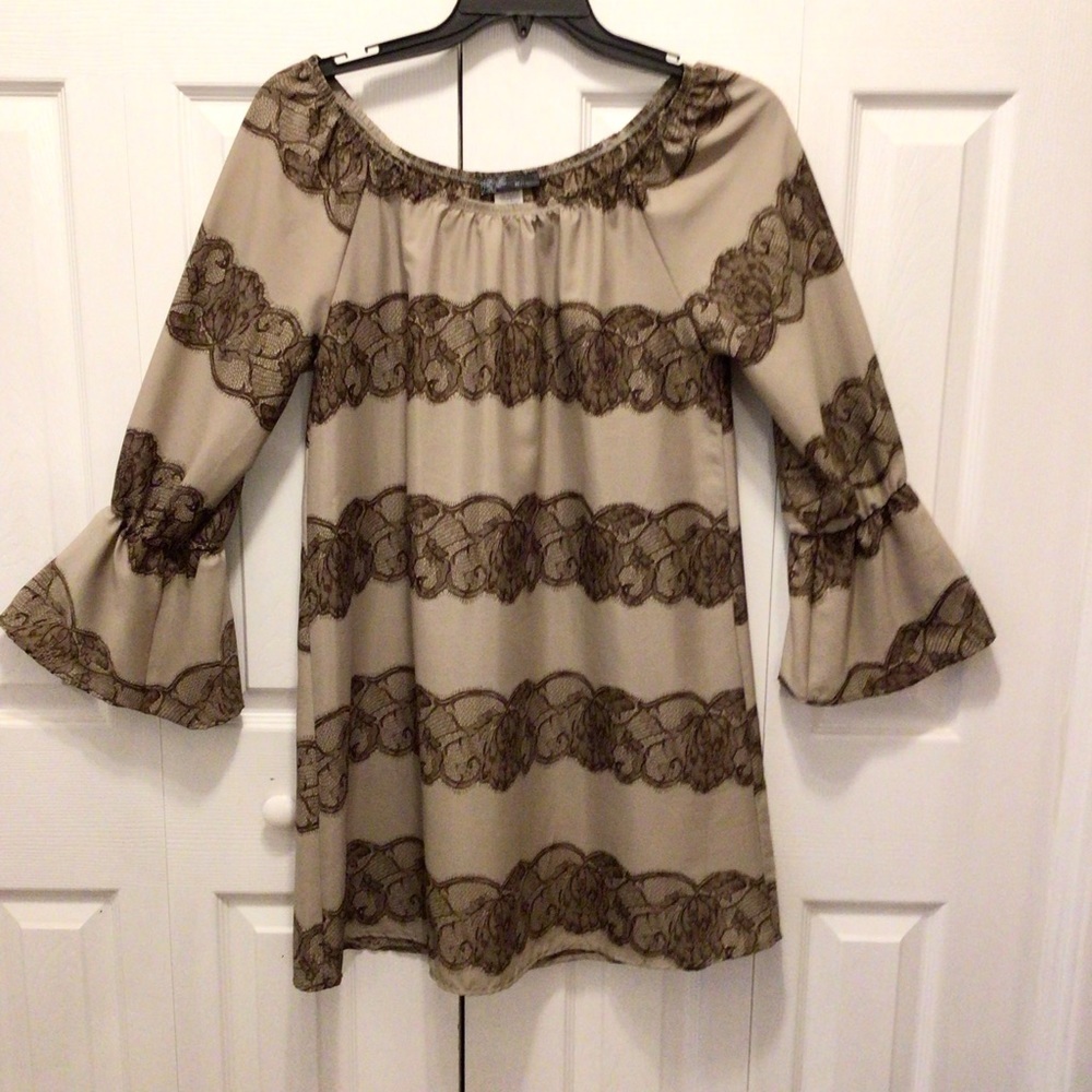NWOT Miin Womens Brown Lace Print Long Poet Sleeve Mini Shift Dress Size Medium